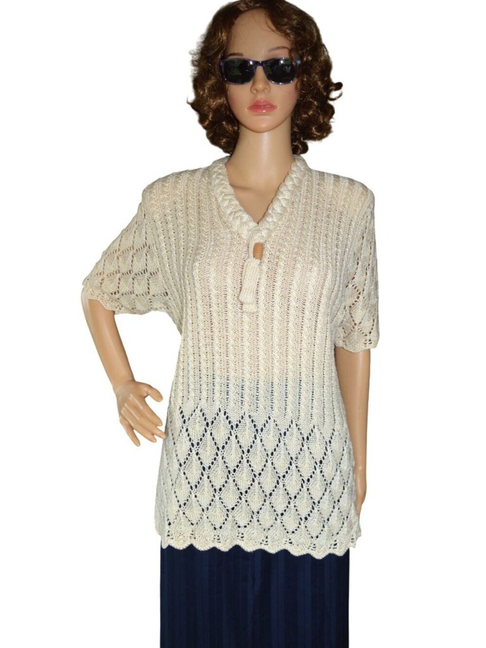 Vintage 80s Vivetta Cream Knit Sweater Top Braded Collar Women Size L Grannycore